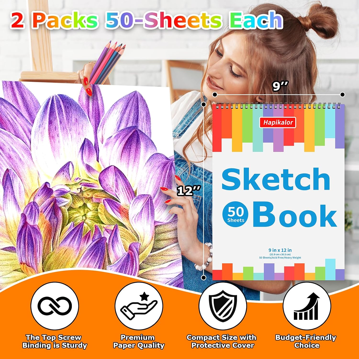 9 x 12 Sketch Book. 2-Pack 50 Sheets Spiral Bound Art Sketchbook. Acid Free Artist Drawing Book Paper. Art Supplies for Adults Kids. Craft Activities. Sketch Paper for Drawing Coloring Sketching - Image 6